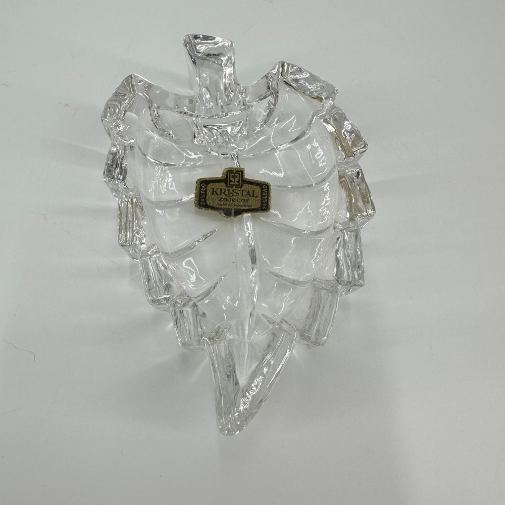 Kristal Zajecar 24% Lead Crystal Leaf Trinket Dish Yugoslavia Vintage Glass Bowl